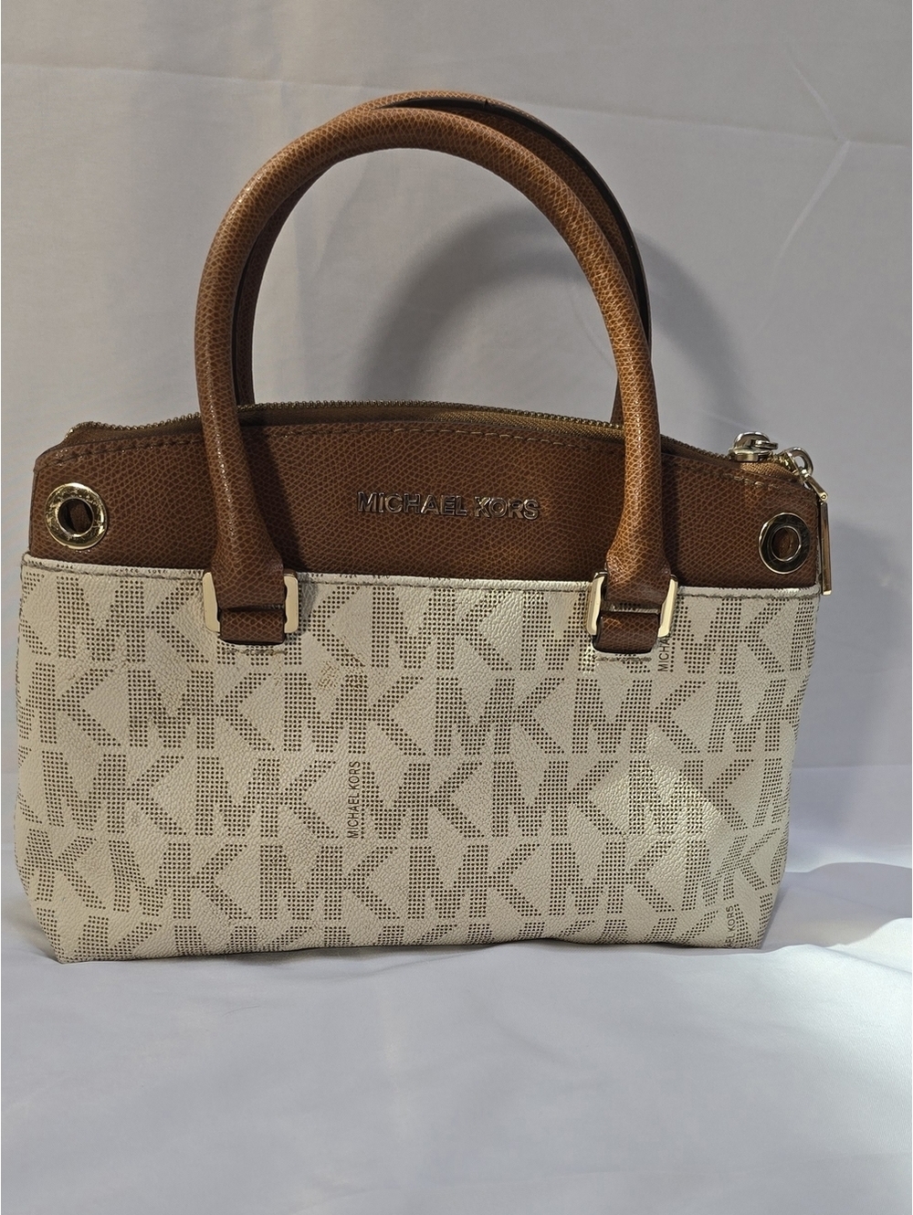 Michael Kors Sutton Small Satchel Vanilla MK Signature Brown Leather Handbag